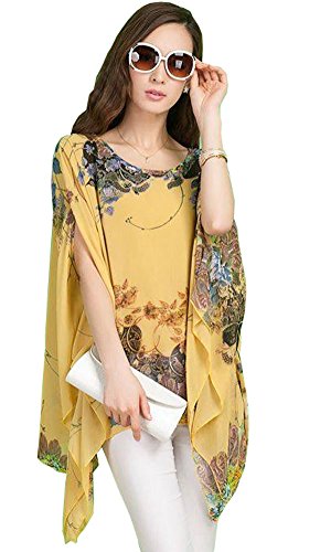Uplife Women's Loose Batwing Sleeve Tops Flower Bohemian Chiffon Blouse T Shirt Tops (One Size, Yellow) #TOP1