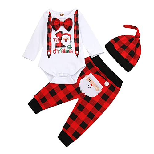 Image of Sinhoon My First Christmas Outfit Baby Boy Long Sleeve Truck Rompers Xmas Plaid Pants Hat Clothes Set