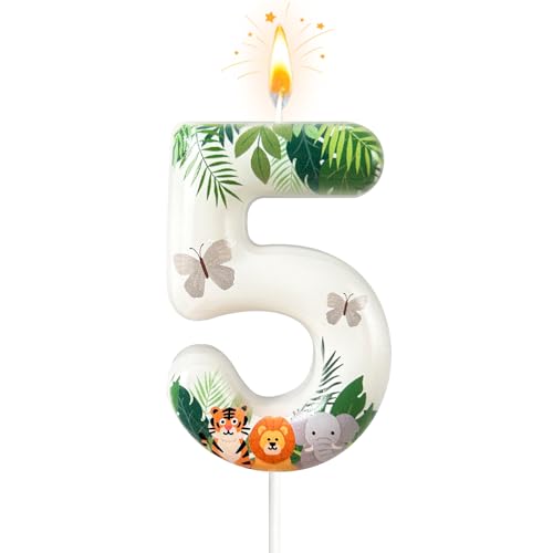 Sesine Green Forest Number 5 Birthday Candles - Tiger Lion Elephant & Butterfly Cake Topper for Birthday Decorations Supplies, Animal Themed Party Favors (Number 5)