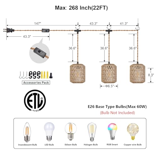 Image of 3 Lights Plug in Pendant Light with Cord On /Off Switch Rattan Hanging Lamp with 22ft Hand Woven Wicker Plug in Chandelier Boho Hanging Lights Fixture for Bedroom Kitchen Hallway Foyer