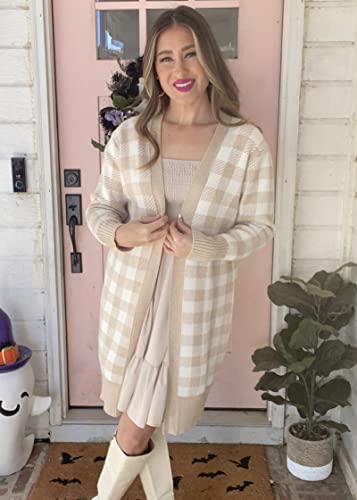 Kirundo Women's 2023 Fall Winter Long Sleeve Plaid Open Front Cardigan Loose Fit Soft Chunky Knit Cardigans Sweater Coat(Khaki, Large) #TOP6