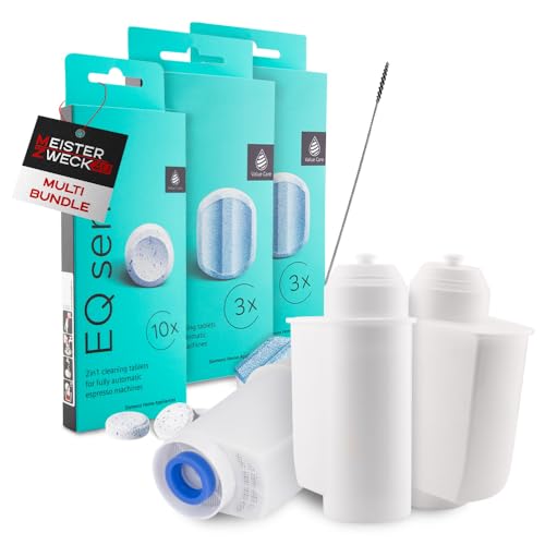 MEISTERZWECK4U Pflegeset Kaffeevollautomaten - 3x Wasserfilter, 2x Entkalkungstabletten, 1x Reinigungstabletten, Reinigungsbürste - Reinigungsset kompatibel mit Siemens, EQ Series, Supresso, Bosch