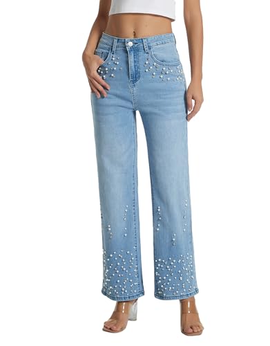 Kedera Womens High Waisted Rhinestone Jeans Casual Straight Wide Leg Bling Sparkly Pants Diamond Denim Jean Trousers