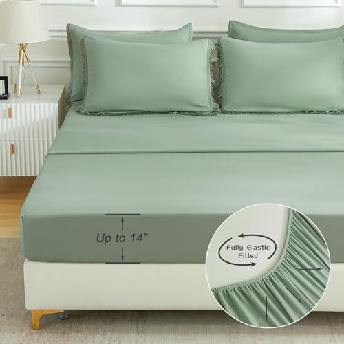 Image of Andency Oversized King Comforter Set Sage Green 120x98-7 Pieces Boho Tassel Bed in a Bag Soft Lightweight Bedding Sets, Fringe All Season Bed Set with Comforter, Sheets, Pillowcases & Shams
