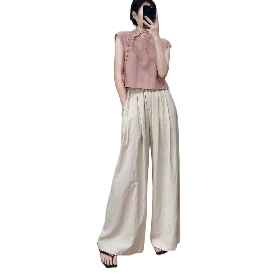 Conjunto de dos piezas con pantalones palazzo de pierna ancha y fresco tejido de lino 2