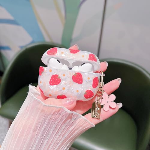 Image of MINSCOSE for Cute Glitter AirPods Pro /Pro 2 Case,Shell Pattern Girly Strawberry Design with Trendy Floral Keychain,Soft TPU Protective Cover with Cleaner Kit for Girls Women for AirPods Pro /Pro 2-Red