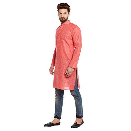 Image of SOJANYA (Since 1958 Men's Coral Red Cotton Linen ONLY Long Kurta