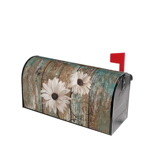Image of Rustic Daisy Board Mailbox Cover Magnetic, White Sunflowers Vintage Wood Grain Plank Mailbox Wrap Letter Post Box Cover for Yard Garden Outside Home Decor, Large Size 25.5x21 Inch