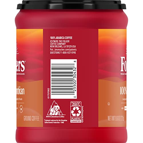 Image of Folgers 100% Colombian Coffee, Medium Roast Ground Coffee, 9.6 Ounce Canister