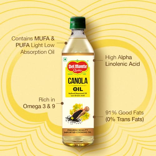 Image of Del Monte Canola Oil, 1L | Rich in MUFA, PUFA, Omega 3 & 6 | 0% Trans Fat | Ideal for Everyday Indian Cooking | Imported Oil (Pack of 3)