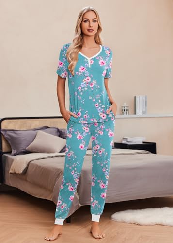 Image of Ekouaer Pajamas for Women Set 2 Piece Fall Lounge Sets Short Sleeve Pjs Joggers Long Pants Sleepwear with Pockets
