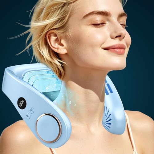Image of FWV Neck Air Conditioner with Cooling Plate, 5500mAh 3-24H Working, 5-Speed Quiet 30dB, LED Display Personal AC, USB-C Bladless Wearable Cooling Neck Fans that Blow Cold Air for Men Women Kids Blue
