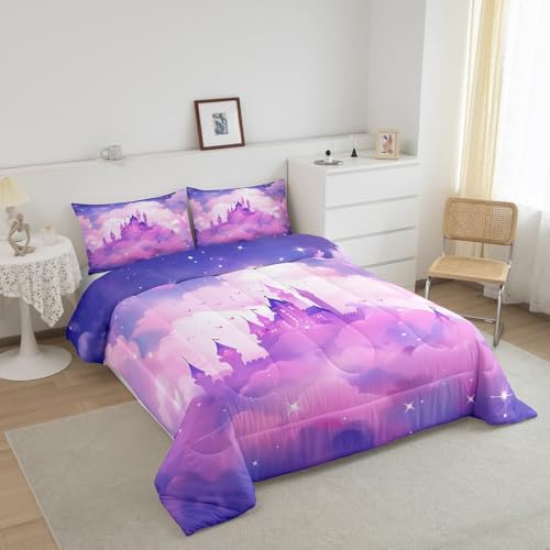 Juego de edredón de castillo matrimonial morado con 2 fundas de almohada 3
