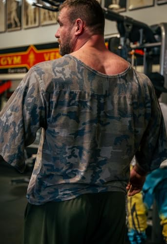 Men's Oversize Camo Rag Top Gym Bodybuilding and Lifting T-Shirt with 3/4 Sleeve Vintage Old School Rag Top3
