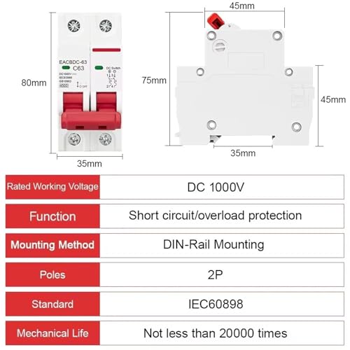 Disyuntor solar fotovoltaico de 2 polos para sistemas de 1000V CC y 6A mini magnetotérmico 2