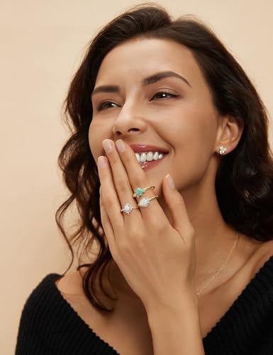 Mameloly 14K Gold Plated Created Opal Rings Round Cut Dainty Halo CZ Wedding Band Thin Stackable Cubic Zirconia Promise Engagement Ring for Women Size 4-11 5