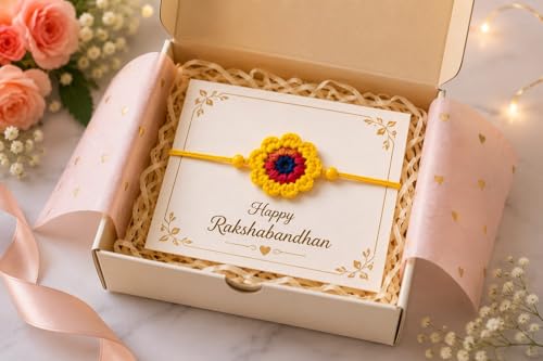 Image of Handmade Crochet Flower Rakhi for Kids, Red and Yellow, Cotton Yarn, Adjustable Knot, with Roli and Chawal, Raksha Bandhan