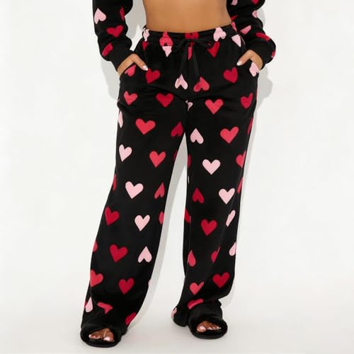 Image of Valentine's Day Flannel Pants Women's Romantic Heart Print Elastic Drawstring Waistband Wide Leg Loose Fit Trousers