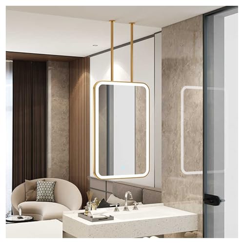 Rectangular Hanging Rod Mirror Metal Frame LED Lighting Bathroom Mirror, Floating Bathroom Square Vanity Mirror, Suitable for Home Or Hotel(Gold,60x100cm)