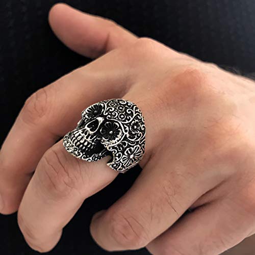 Chicotta Men's Mexican Floral Skull/Deadman Sterling Silver Ring With Black Eye Sockets #TOP5