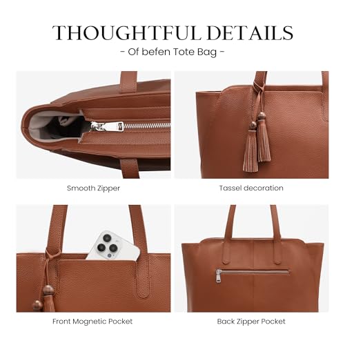 Image of befen Genuine Leather Tote Bag for Women Work, Women's Tote Handbags Shoulder Satchel Purse with Compartments and Tassel