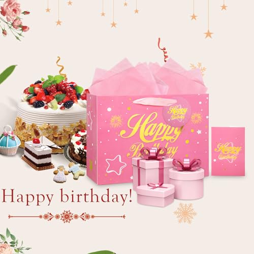 Pink Birthday Gift Bag for Women Girls Medium Happy Birthday Gift Bags with Tissue Paper Greeting Card and Gift Tag 30× 22× 12 cm - Image 5