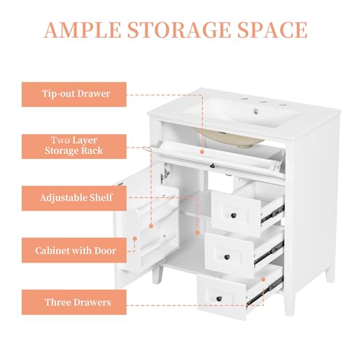Image of 30 inch Bathroom Vanities with Top Set, Cabinet with Right-Side Multi-Functional Tip-Out Drawer and Adjustable Shelf, Soft-Closing Door, Solid Wood Legs, White