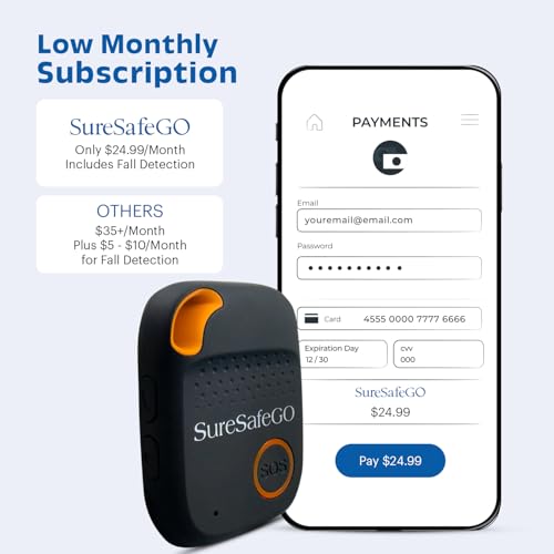 SureSafeGO Medical Alert System for Elderly - Calls Friends and Family - GPS Tracking, Fall Detection, 4 Day Battery Life, Shower Water Resistant - Monthly Subscription Required (Black)