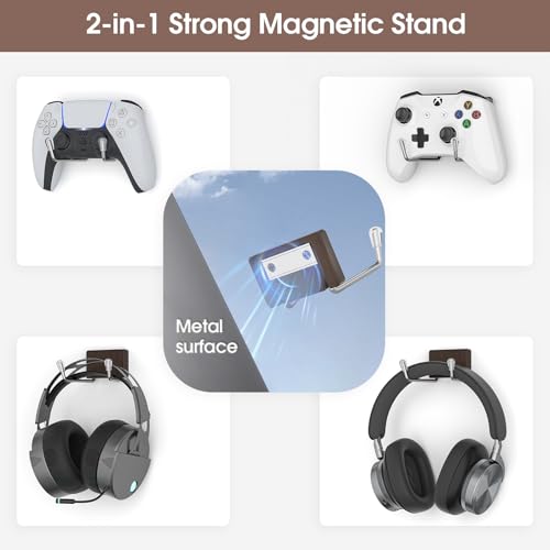 Image of Magnetic Game Controller Holder: Walnut Wood Headphone Holder for Gamers - Headset Hanger Adhesive-Free 10lbs Strong Wall Mount for Xbox /PS5 /Switch Controllers /PC Desk