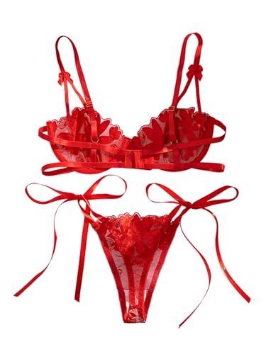 Image of Lilosy Sexy Tie Side Cute Underwire Push Up Strappy Embroidered Mesh Sheer Lingerie Set