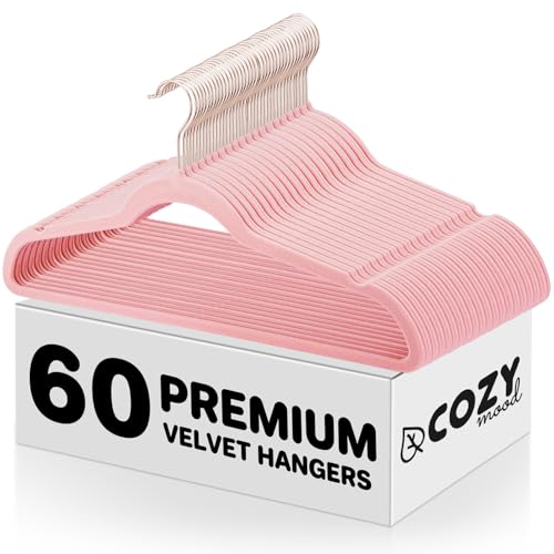 Cozymood Pink Velvet Hangers 60 Pack, Non-Slip, Durable Clothes, Space Saving Suit Hangers, No Shed, 360 Rotating Hook