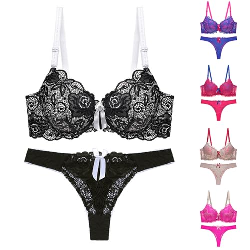 2 Pièces ensemble soutien gorge string en dentelle Soutien-Gorge avec Armatures push up strings et tangas grande taille sous vêtements femme sexy chic Lingerie Set Élégant et Charmant (Black, 90B)