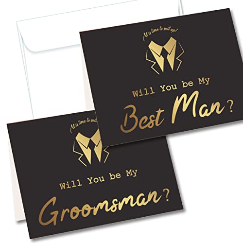 LADY&HOME Groomsman Proposal Cards| 6 Will You Be My Groomsman and 2 Best Man Cards with Envelopes| Set of 8 Groomsmen Cards for Wedding Supplies (Black-Squiggle)