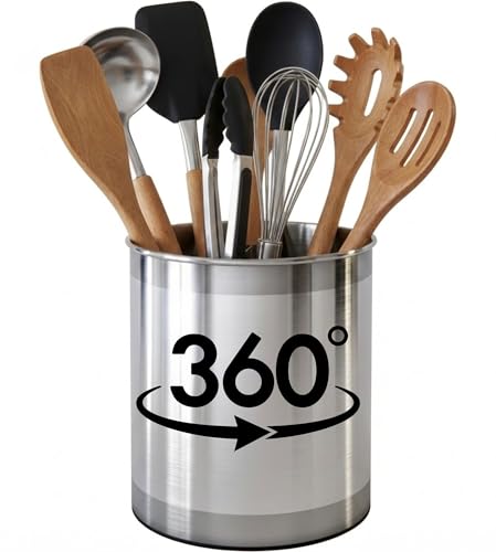 Cooler Kitchen Utensilienhalter Extra Groß Drehbar aus Edelstahl mit Beschwertem Boden, Herausnehmbarer Trennwand und Griffigem Einsatz – Rostfrei und Spülmaschinenfest – 18 cm