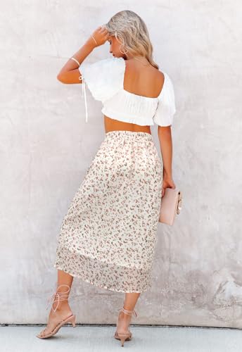 Image of HERBATOMIA Women's Floral Print Midi Skirt Casual High Elastic Waist Zipper Vintage Long Boho Skirts for Women
