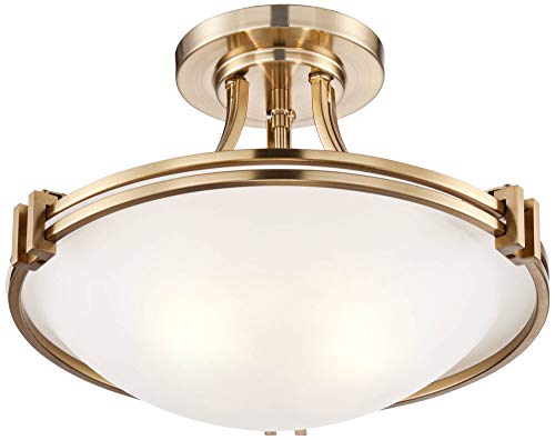 Possini Euro Design Deco Mid Century Modern Close To Ceiling Light Semi Flush Mount Fixture 16" Wide Warm Brass Gold White Glass Bowl Shade Bedroom Hallway Living Room Dining Room Bathroom Kitchen #TOP4