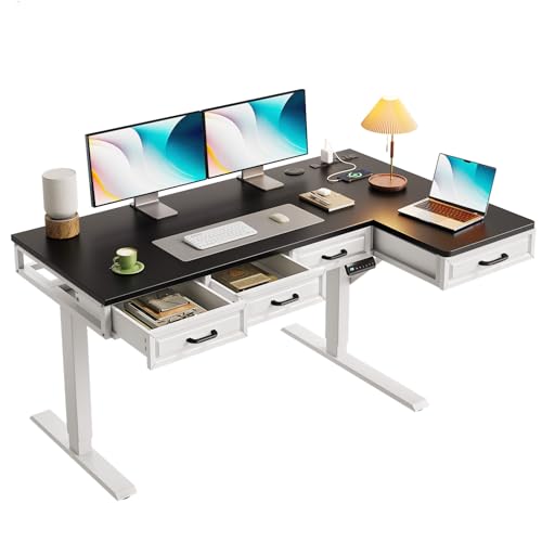 OffiGo L Shaped Electric Standing Desk with Wooden Drawers, 55 Inch Height Adjustable Corner...