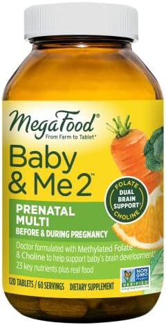 MegaFood Baby & Me 2 Prenatal Multi - Prenatal Vitamins for Mom & Developing Baby - Dr Formulated with Essential Nutrients like Folic Acid, Choline, Biotin, and More - Non-GMO - 120 Tabs (60 Servings)