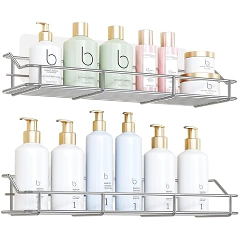 Adhesive Shower Caddy Bathroom Shower Shelves Large Capacity Shower Organizer Wall Shower Racks Kitchen Spice Rack Wall Mounted No Drilling SUS304 Stainless Steel Rustproof Cover