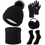 SATINIOR 5 Pcs Winter Hat Scarf Gloves Set Knit Satin Lined Pompom Beanie Warm Touchscreen Gloves Earmuff Warmer for Women(Black,Classic Style)