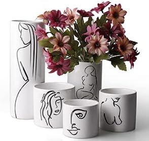 TERESA'S COLLECTIONS Modern Ceramic Vase Set of 5, Abstract Decorative Vases for Home Decor, Cylinder White Terracotta Vase for Flower Bathroom, Living Room, Table, Shelf, Wedding Decoration-10 inch