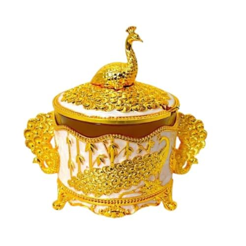 Image of Premium Decorative Peacock Design Sugar Pot | Jar with Spoon | Gold-Plated, White Enamel | Embossed Peacock Glass Container for Home Decor, Kitchen & Gifting