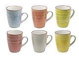 6er Set Kaffee Becher Tassen Handmade Pott Uni bunt Modernes Design ca. 350 ml Handmade (Grün,Gelb,Rot,Orange,Hellblau und Natur)