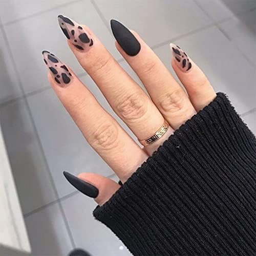 JUSTOTRY 24 Pcs Oval Press on Nails Short, Black Swirl French False Nails Patterns, Trendy Fake Nails Short with Nail Glue, Almond French Stick on Nails for Women, Nails Fake Nail for Nails Art