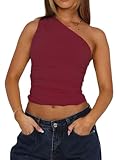 TiulZial Damen eine Schulter Ausgehen Crop Tank Tops Slim Fit ärmellose Shirts Y2k Cute Top(Burgundy,S)