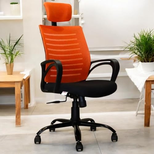 Image of OOLIVE Star OC10 Ergonomic High Back Office Chair for Work | Mesh Computer Chair for Work from Home | Adjustable Height | Revolving Executive Chair with Metal Base for Office (Orange, High Back)