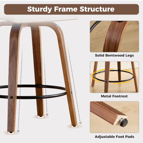 Image of Swivel Bar Stools Set of 2,26 inch Faux Leather Counter Height Barstools with Back,Mid Century Modern Upholstered Bar Chairs with Bentwood Legs Island Stools for Kitchen Counter White