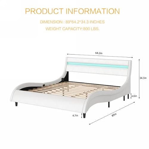 Ttview Queen Upholstered Smart Led Bed Frame With Headboard, Modern Faux Leather Wave-Like Platform Bed Frame, Low Profile Bed Frame With Solid Wood Slats Support, White #TOP1