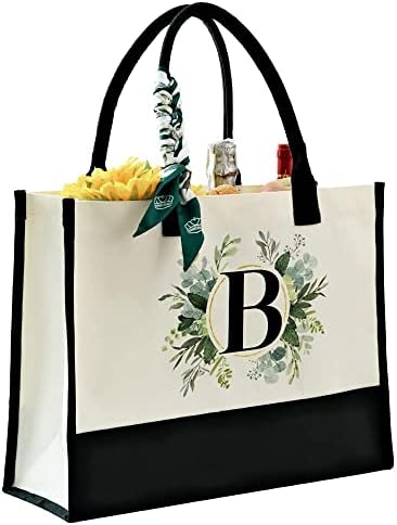 CROWNED BEAUTY Canvas Tote Bag with Zipper Pocket, Personalized Birthday Gift for Women, Floral Initial Letter B Bag for Vacation Beach CT02-B
