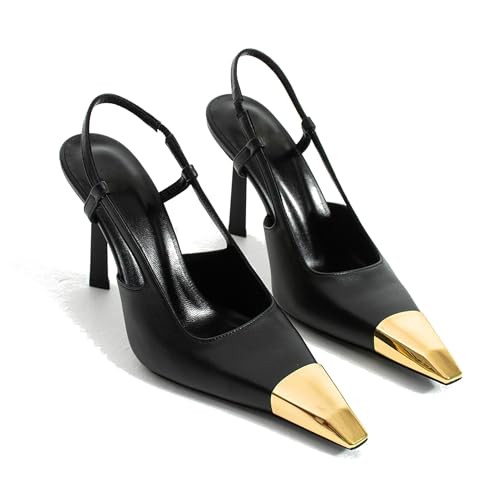 MeiLuSi Slingback Heels for Women IN3 Pumps Metal Pointed Toe Kitten Heels Backless Sandals Slip on Elastic Strap Party Dress Shoes Black Size 8